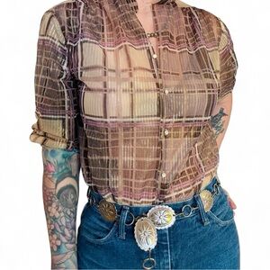 Vintage Plaid Sheer Button-Up Blouse with Metallic Gold Accent